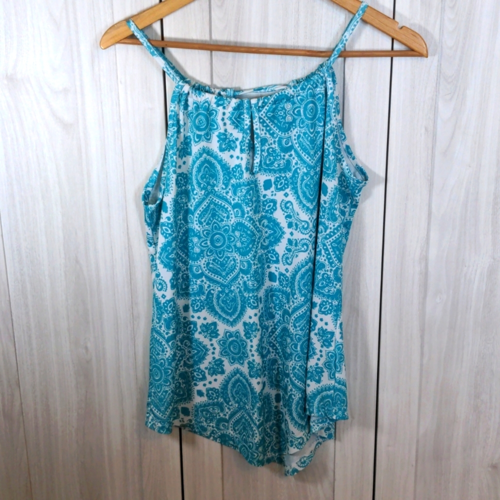 Silky Teal & White Asymmetrical Top - Size S